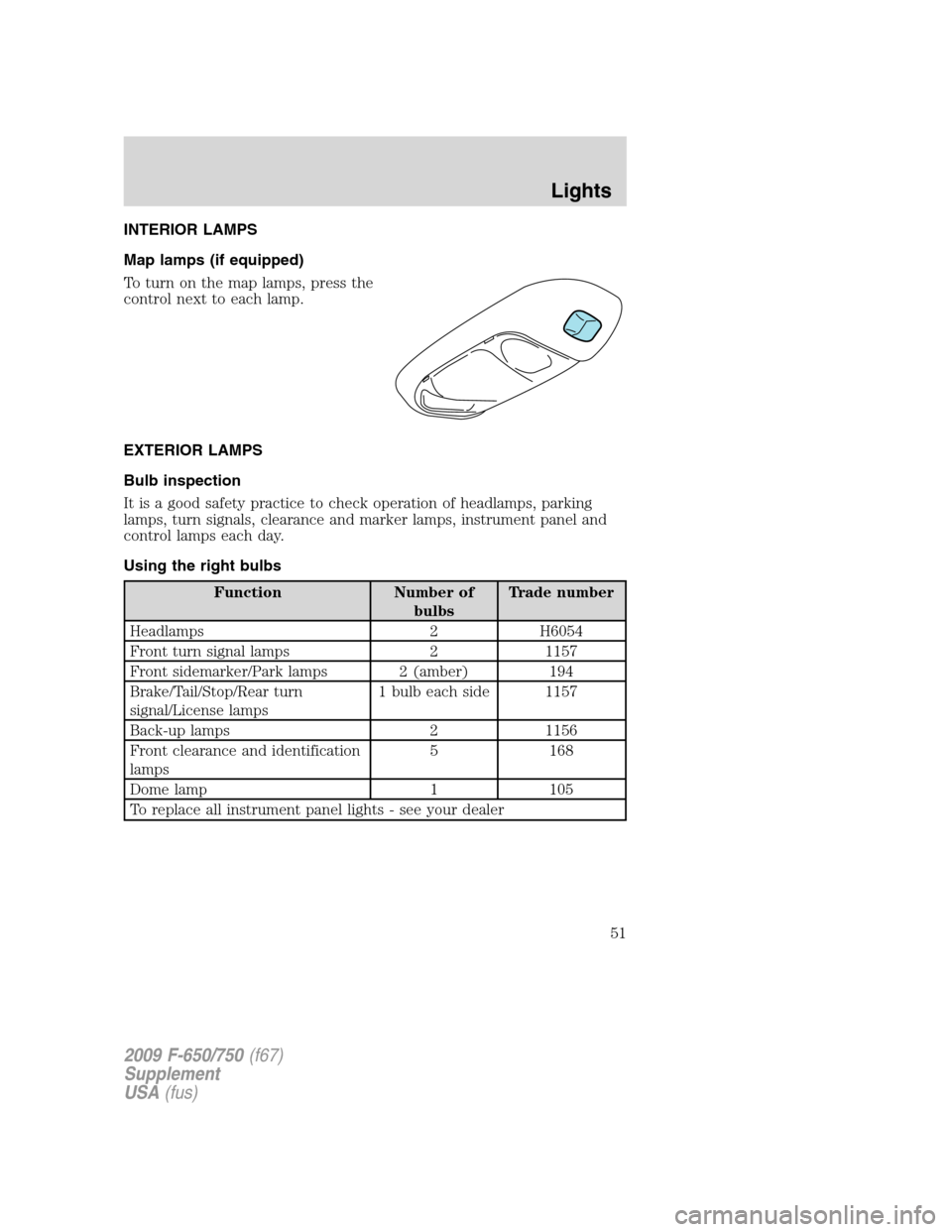 FORD F650 2009 12.G Owners Manual INTERIOR LAMPS
Map lamps (if equipped)
To turn on the map lamps, press the
control next to each lamp.
EXTERIOR LAMPS
Bulb inspection
It is a good safety practice to check operation of headlamps, parki FORD F650 2009 12.G Owners Manual INTERIOR LAMPS
Map lamps (if equipped)
To turn on the map lamps, press the
control next to each lamp.
EXTERIOR LAMPS
Bulb inspection
It is a good safety practice to check operation of headlamps, parki