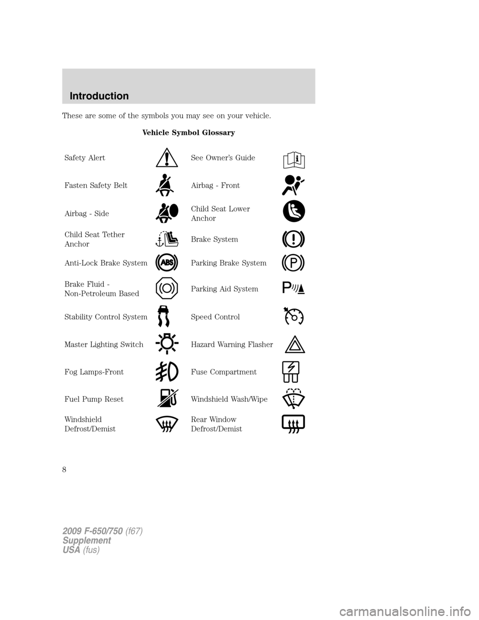 FORD F650 2009 12.G Owners Manual These are some of the symbols you may see on your vehicle.
Vehicle Symbol Glossary
Safety Alert
See Owner’s Guide
Fasten Safety BeltAirbag - Front
Airbag - SideChild Seat Lower
Anchor
Child Seat Tet FORD F650 2009 12.G Owners Manual These are some of the symbols you may see on your vehicle.
Vehicle Symbol Glossary
Safety Alert
See Owner’s Guide
Fasten Safety BeltAirbag - Front
Airbag - SideChild Seat Lower
Anchor
Child Seat Tet