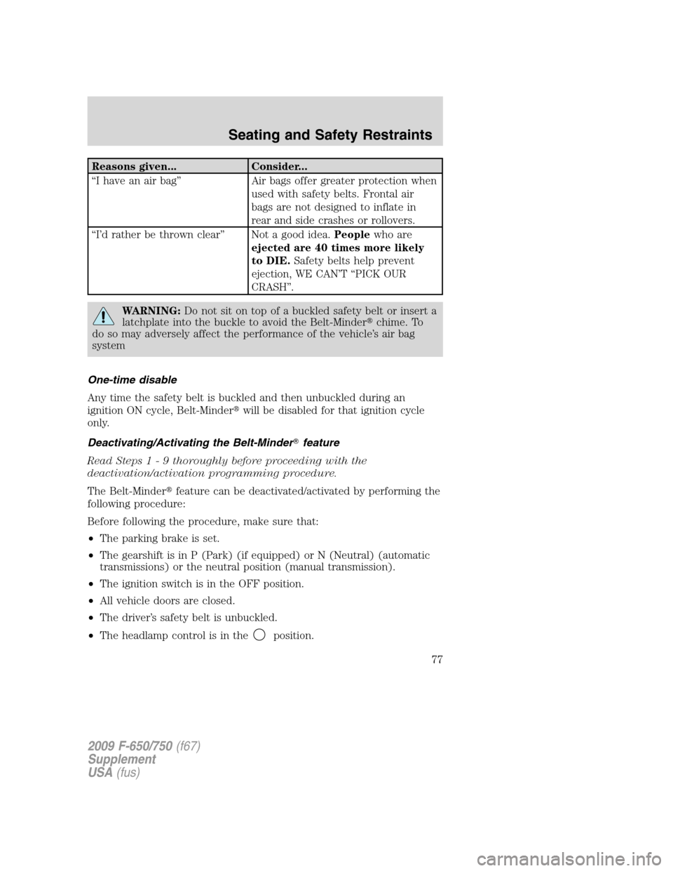 FORD F650 2009 12.G Owners Manual Reasons given... Consider...
“I have an air bag” Air bags offer greater protection when
used with safety belts. Frontal air
bags are not designed to inflate in
rear and side crashes or rollovers.
