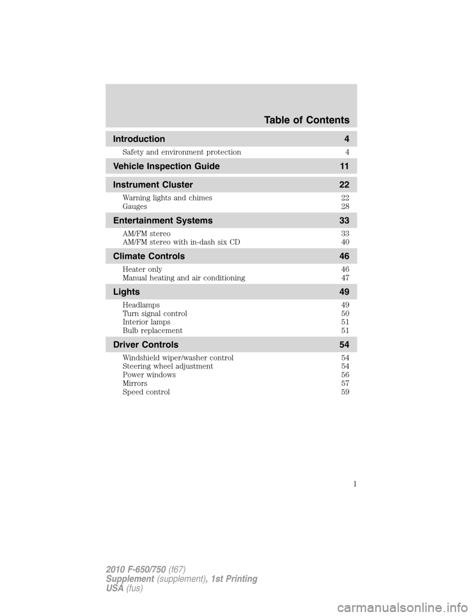 FORD F650 2010 12.G Owners Manual Introduction 4
Safety and environment protection 4
Vehicle Inspection Guide 11
Instrument Cluster 22
Warning lights and chimes 22
Gauges 28
Entertainment Systems 33
AM/FM stereo 33
AM/FM stereo with i