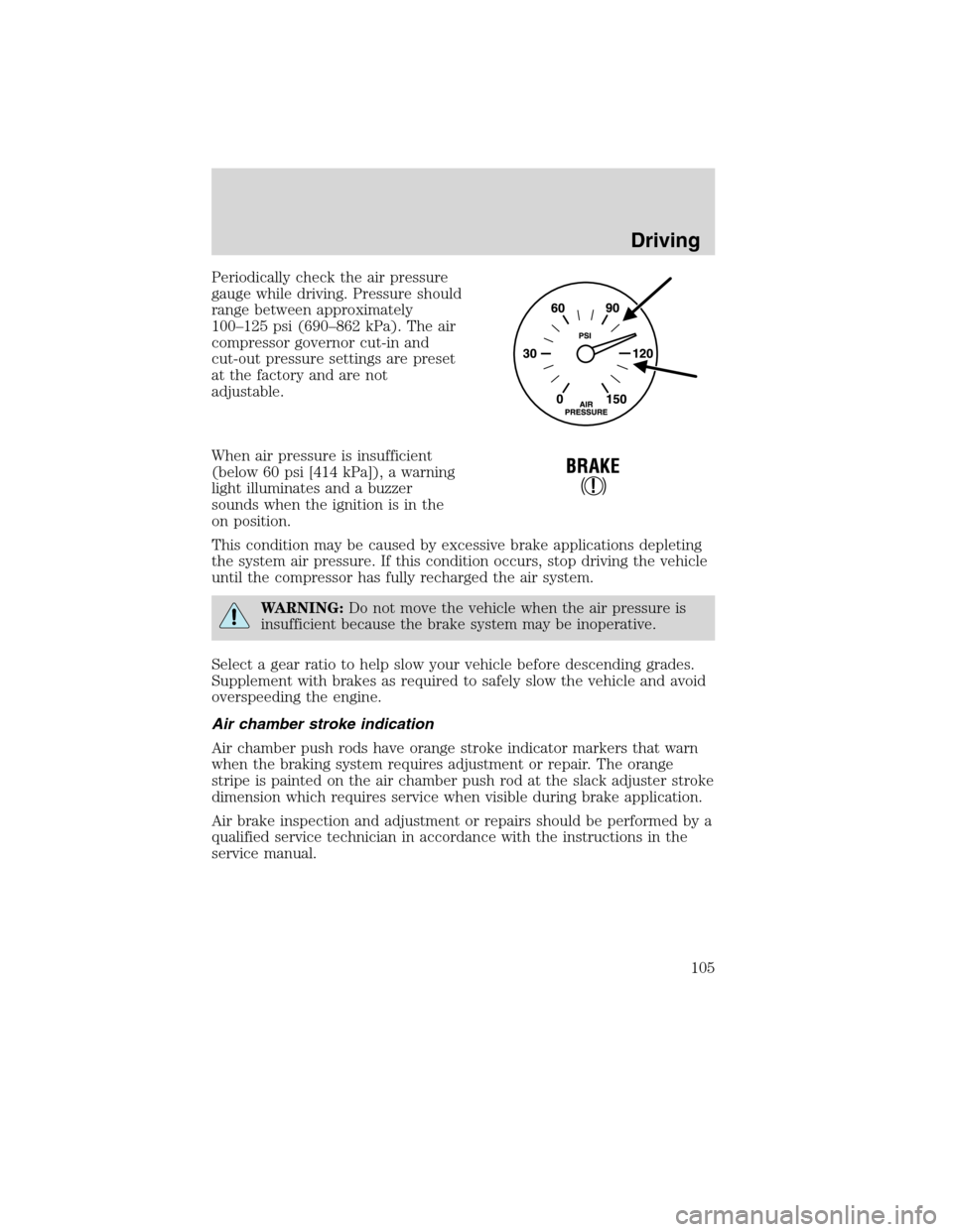 FORD F650 2010 12.G Owners Manual Periodically check the air pressure
gauge while driving. Pressure should
range between approximately
100–125 psi (690–862 kPa). The air
compressor governor cut-in and
cut-out pressure settings are