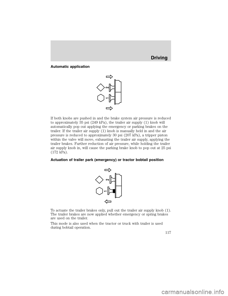 FORD F750 2010 12.G Owners Manual Automatic application
If both knobs are pushed in and the brake system air pressure is reduced
to approximately 35 psi (249 kPa), the trailer air supply (1) knob will
automatically pop out applying th