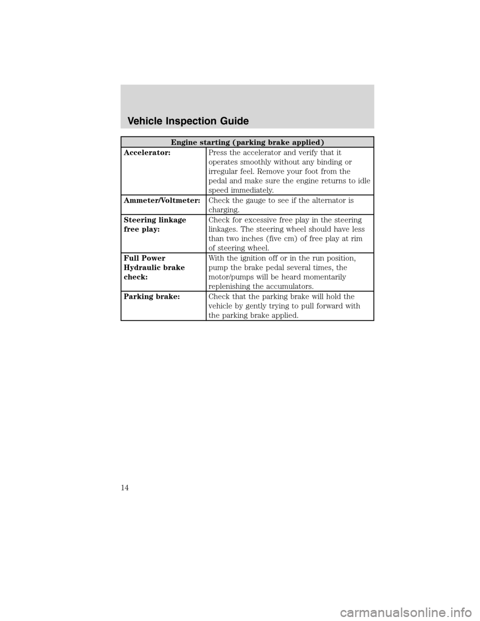 FORD F750 2010 12.G Owners Manual Engine starting (parking brake applied)
Accelerator:Press the accelerator and verify that it
operates smoothly without any binding or
irregular feel. Remove your foot from the
pedal and make sure the 