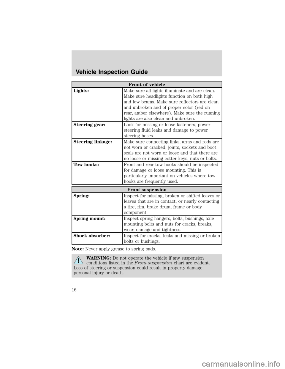 FORD F750 2010 12.G User Guide Front of vehicle
Lights:Make sure all lights illuminate and are clean.
Make sure headlights function on both high
and low beams. Make sure reflectors are clean
and unbroken and of proper color (red on FORD F750 2010 12.G User Guide Front of vehicle
Lights:Make sure all lights illuminate and are clean.
Make sure headlights function on both high
and low beams. Make sure reflectors are clean
and unbroken and of proper color (red on