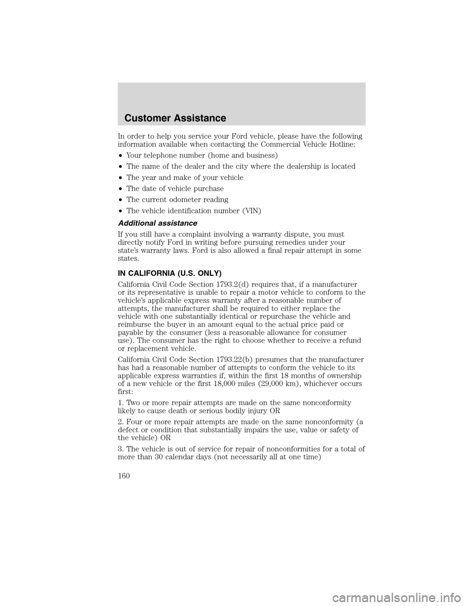 FORD F750 2010 12.G Owners Manual In order to help you service your Ford vehicle, please have the following
information available when contacting the Commercial Vehicle Hotline:
•Your telephone number (home and business)
•The name