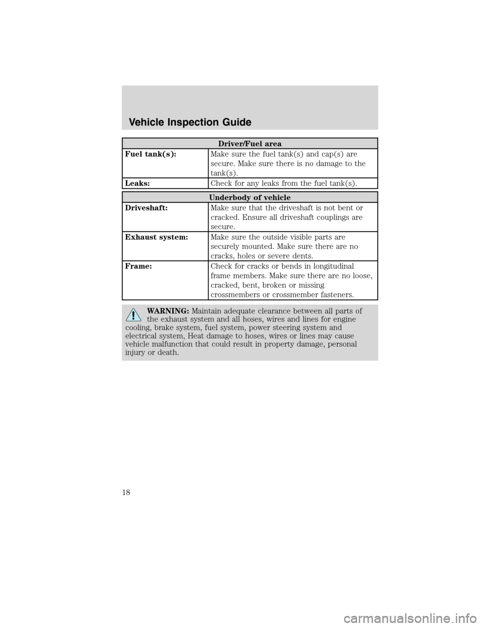 FORD F750 2010 12.G User Guide Driver/Fuel area
Fuel tank(s):Make sure the fuel tank(s) and cap(s) are
secure. Make sure there is no damage to the
tank(s).
Leaks:Check for any leaks from the fuel tank(s).
Underbody of vehicle
Drive