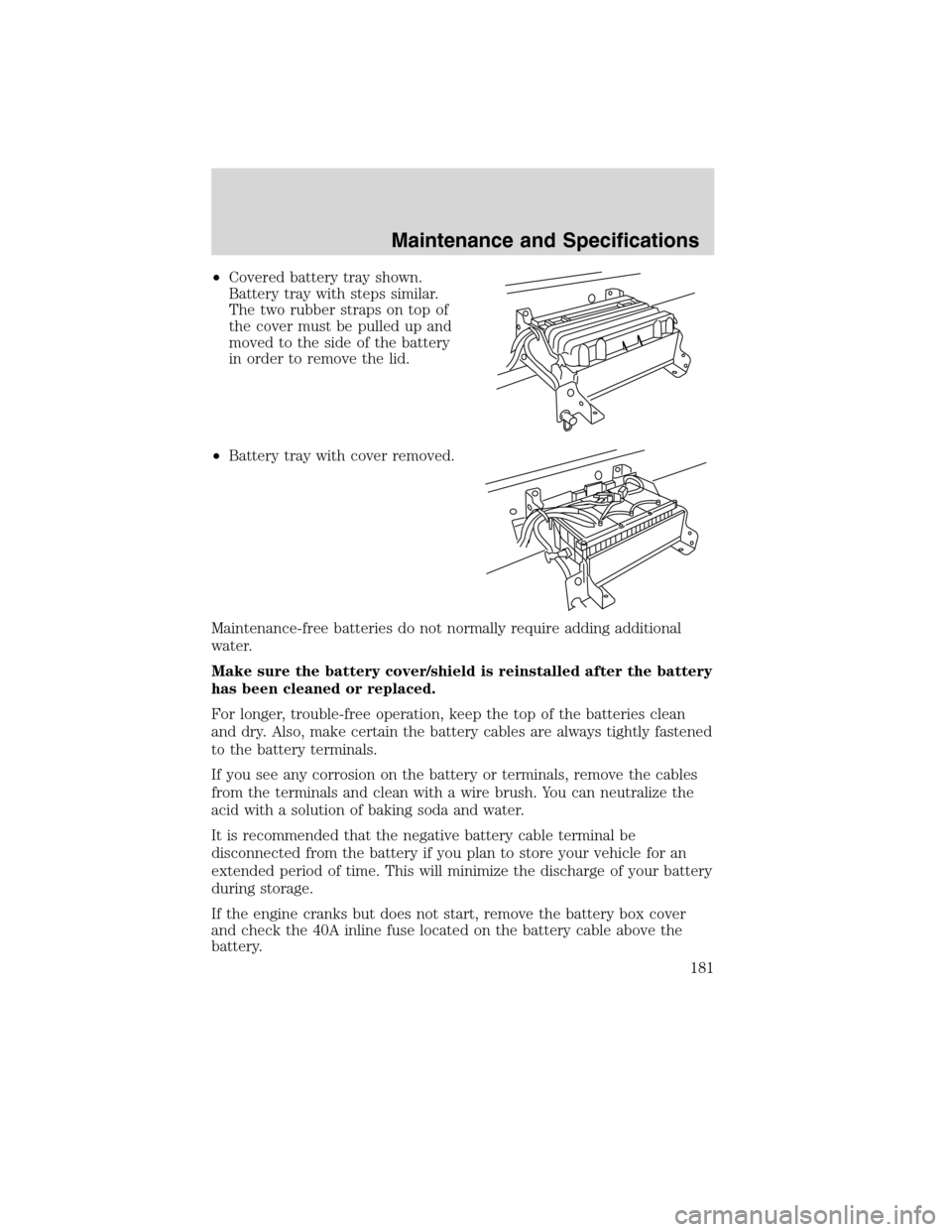 FORD F750 2010 12.G Owners Manual •Covered battery tray shown.
Battery tray with steps similar.
The two rubber straps on top of
the cover must be pulled up and
moved to the side of the battery
in order to remove the lid.
•Battery 