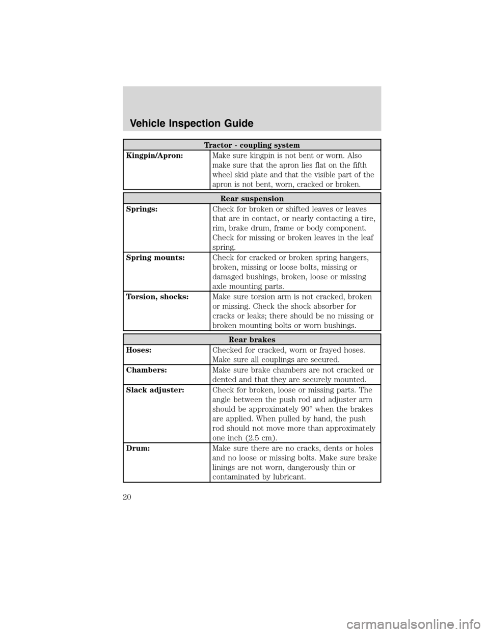 FORD F750 2010 12.G User Guide Tractor - coupling system
Kingpin/Apron:Make sure kingpin is not bent or worn. Also
make sure that the apron lies flat on the fifth
wheel skid plate and that the visible part of the
apron is not bent, FORD F750 2010 12.G User Guide Tractor - coupling system
Kingpin/Apron:Make sure kingpin is not bent or worn. Also
make sure that the apron lies flat on the fifth
wheel skid plate and that the visible part of the
apron is not bent,