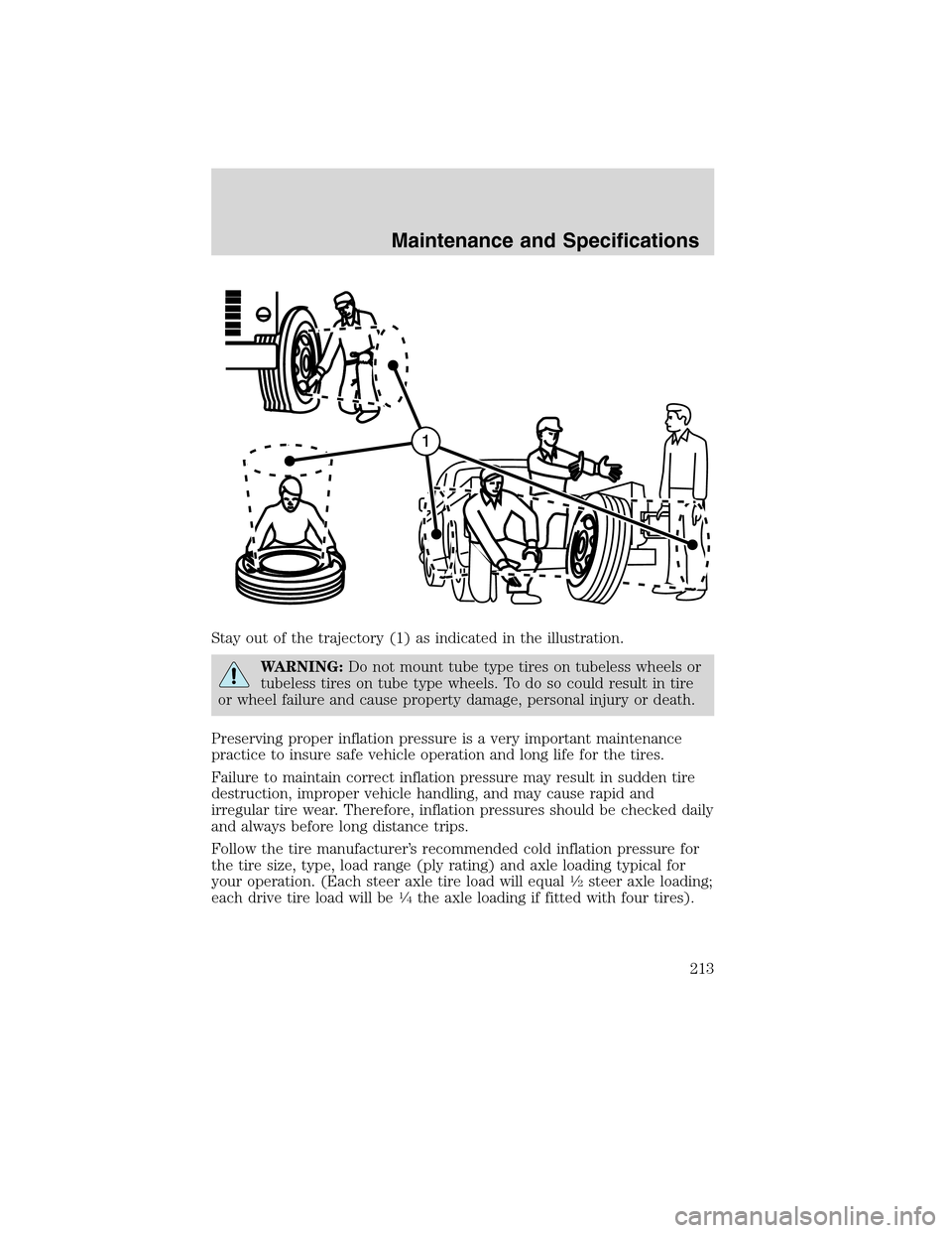 FORD F750 2010 12.G Owners Manual Stay out of the trajectory (1) as indicated in the illustration.
WARNING:Do not mount tube type tires on tubeless wheels or
tubeless tires on tube type wheels. To do so could result in tire
or wheel f