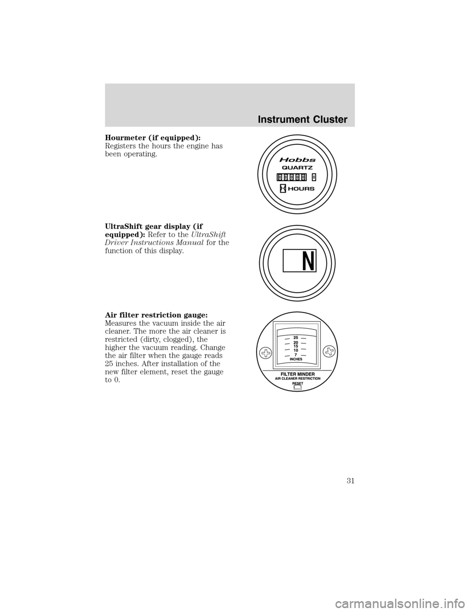 FORD F750 2010 12.G Owners Guide Hourmeter (if equipped):
Registers the hours the engine has
been operating.
UltraShift gear display (if
equipped):Refer to theUltraShift
Driver Instructions Manualfor the
function of this display.
Air