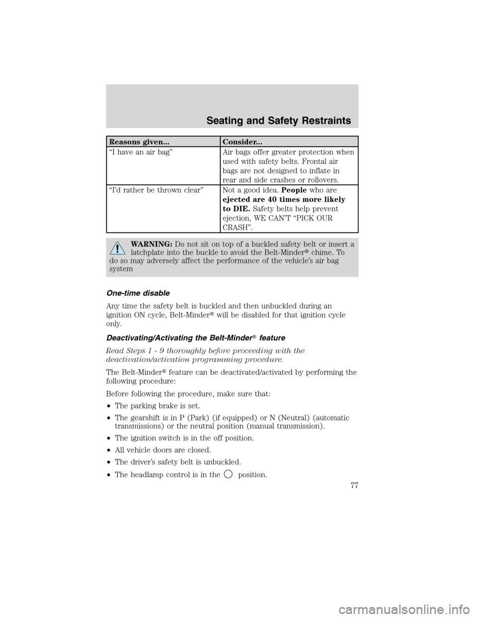 FORD F750 2010 12.G Owners Manual Reasons given... Consider...
“I have an air bag” Air bags offer greater protection when
used with safety belts. Frontal air
bags are not designed to inflate in
rear and side crashes or rollovers.
