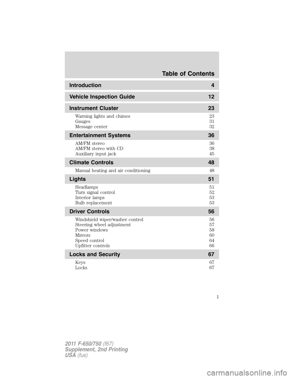 FORD F650 2011 12.G Owners Manual Introduction 4
Vehicle Inspection Guide 12
Instrument Cluster 23
Warning lights and chimes 23
Gauges 31
Message center 32
Entertainment Systems 36
AM/FM stereo 36
AM/FM stereo with CD 38
Auxiliary inp