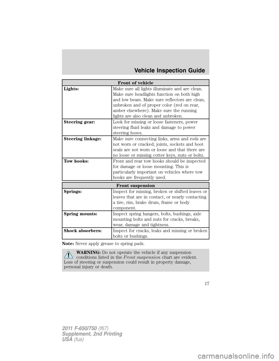 FORD F750 2011 12.G User Guide Front of vehicle
Lights:Make sure all lights illuminate and are clean.
Make sure headlights function on both high
and low beam. Make sure reflectors are clean,
unbroken and of proper color (red on rea FORD F750 2011 12.G User Guide Front of vehicle
Lights:Make sure all lights illuminate and are clean.
Make sure headlights function on both high
and low beam. Make sure reflectors are clean,
unbroken and of proper color (red on rea