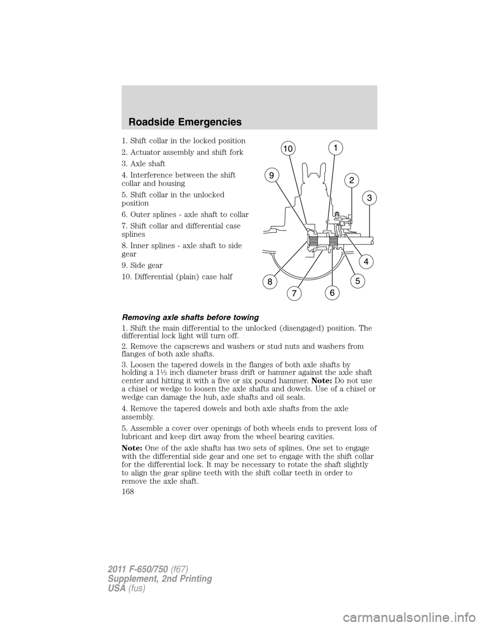 FORD F650 2011 12.G Owners Manual 1. Shift collar in the locked position
2. Actuator assembly and shift fork
3. Axle shaft
4. Interference between the shift
collar and housing
5. Shift collar in the unlocked
position
6. Outer splines 