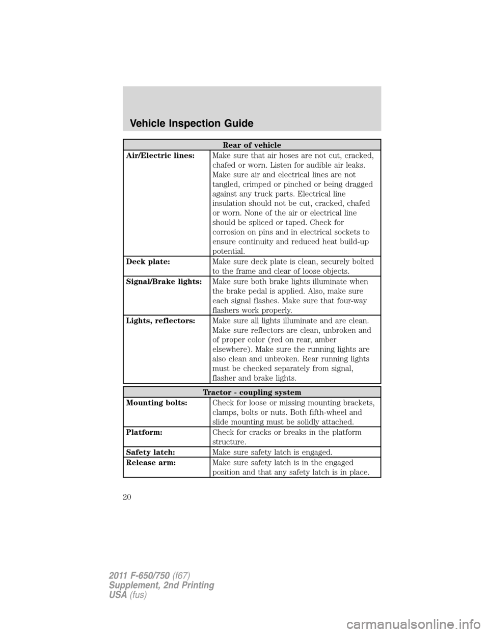 FORD F750 2011 12.G User Guide Rear of vehicle
Air/Electric lines:Make sure that air hoses are not cut, cracked,
chafed or worn. Listen for audible air leaks.
Make sure air and electrical lines are not
tangled, crimped or pinched o FORD F750 2011 12.G User Guide Rear of vehicle
Air/Electric lines:Make sure that air hoses are not cut, cracked,
chafed or worn. Listen for audible air leaks.
Make sure air and electrical lines are not
tangled, crimped or pinched o