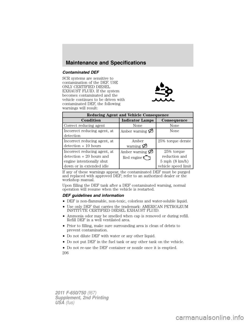 FORD F750 2011 12.G Owners Manual Contaminated DEF
SCR systems are sensitive to
contamination of the DEF. USE
ONLY CERTIFIED DIESEL
EXHAUST FLUID. If the system
becomes contaminated and the
vehicle continues to be driven with
contamin FORD F750 2011 12.G Owners Manual Contaminated DEF
SCR systems are sensitive to
contamination of the DEF. USE
ONLY CERTIFIED DIESEL
EXHAUST FLUID. If the system
becomes contaminated and the
vehicle continues to be driven with
contamin