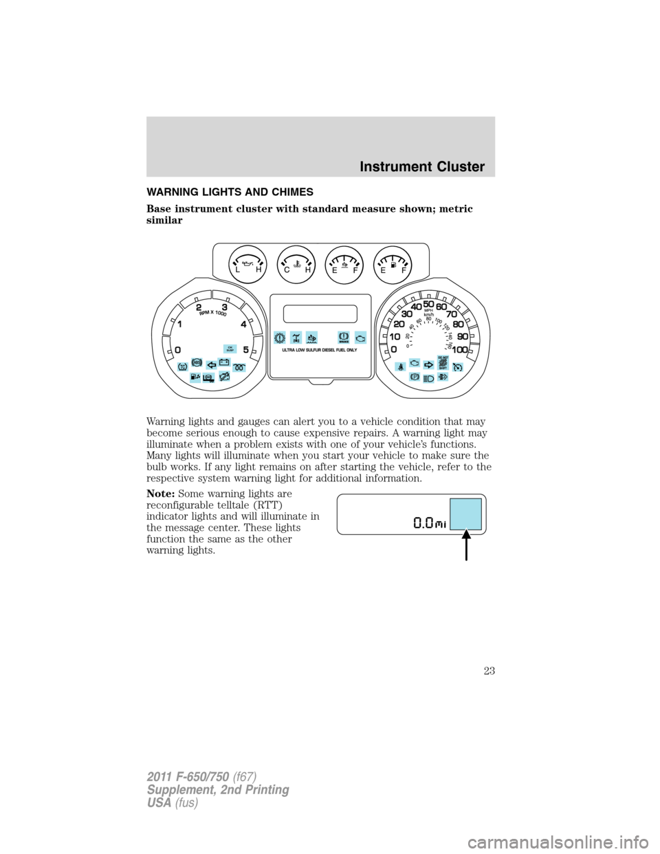 FORD F750 2011 12.G Owners Manual WARNING LIGHTS AND CHIMES
Base instrument cluster with standard measure shown; metric
similar
Warning lights and gauges can alert you to a vehicle condition that may
become serious enough to cause exp