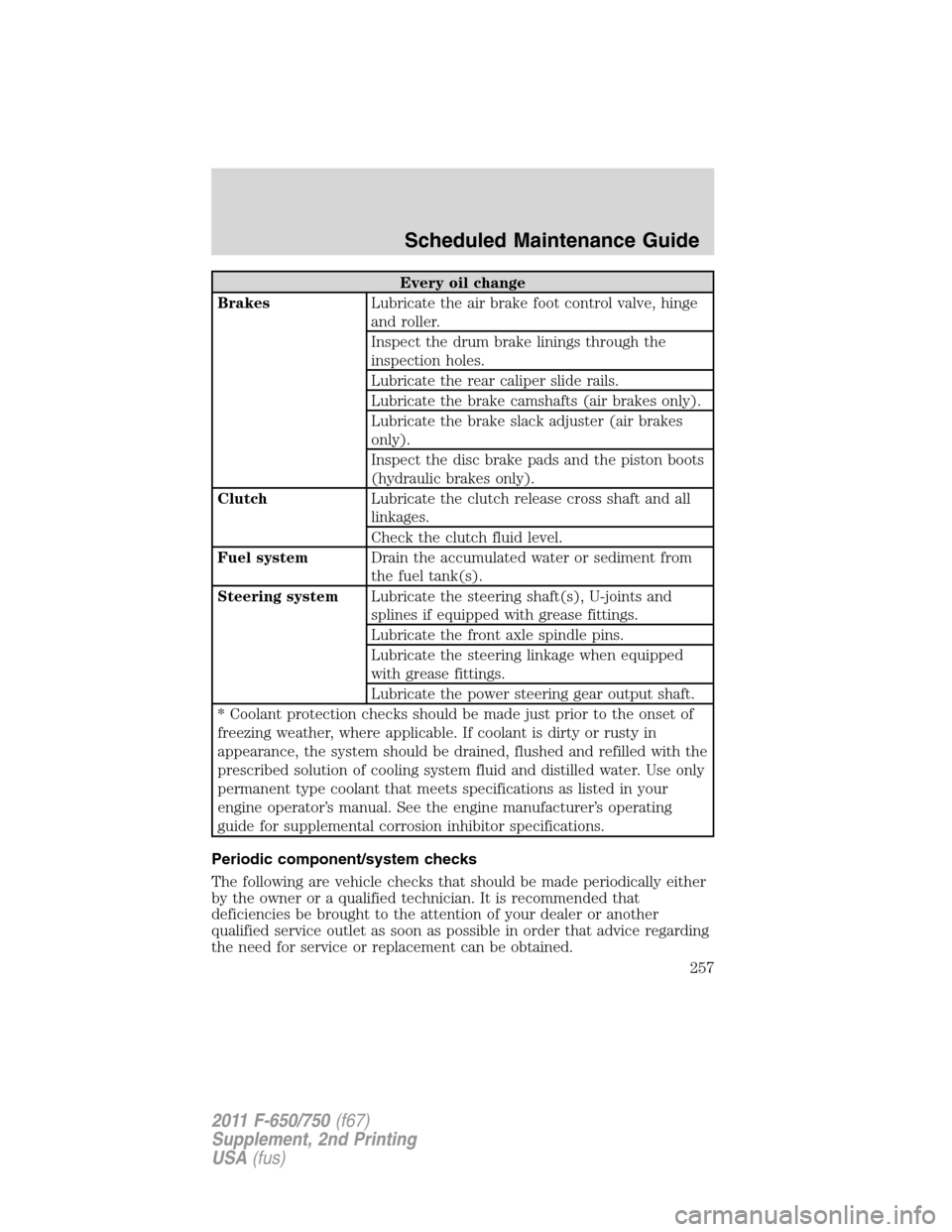 FORD F750 2011 12.G Owners Manual Every oil change
BrakesLubricate the air brake foot control valve, hinge
and roller.
Inspect the drum brake linings through the
inspection holes.
Lubricate the rear caliper slide rails.
Lubricate the FORD F750 2011 12.G Owners Manual Every oil change
BrakesLubricate the air brake foot control valve, hinge
and roller.
Inspect the drum brake linings through the
inspection holes.
Lubricate the rear caliper slide rails.
Lubricate the