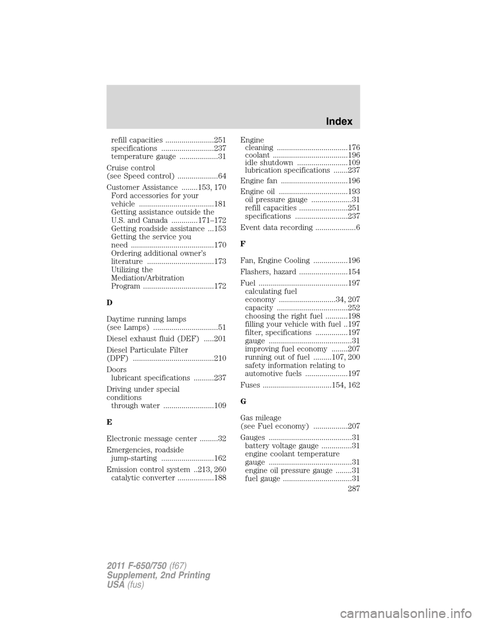 FORD F650 2011 12.G Owners Manual refill capacities ........................251
specifications ..........................237
temperature gauge ...................31
Cruise control
(see Speed control) ....................64
Customer As