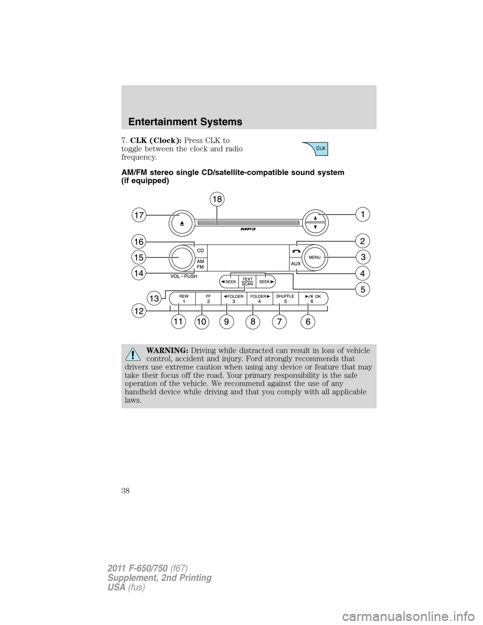 FORD F650 2011 12.G Owners Manual 7.CLK (Clock):Press CLK to
toggle between the clock and radio
frequency.
AM/FM stereo single CD/satellite-compatible sound system
(if equipped)
WARNING:Driving while distracted can result in loss of v