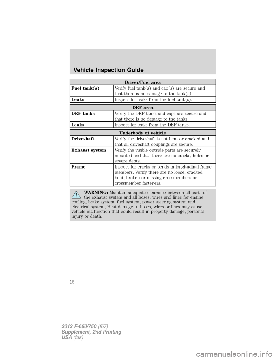 FORD F750 2012 12.G User Guide Driver/Fuel area
Fuel tank(s)Verify fuel tank(s) and cap(s) are secure and
that there is no damage to the tank(s).
LeaksInspect for leaks from the fuel tank(s).
DEF area
DEF tanksVerify the DEF tanks FORD F750 2012 12.G User Guide Driver/Fuel area
Fuel tank(s)Verify fuel tank(s) and cap(s) are secure and
that there is no damage to the tank(s).
LeaksInspect for leaks from the fuel tank(s).
DEF area
DEF tanksVerify the DEF tanks