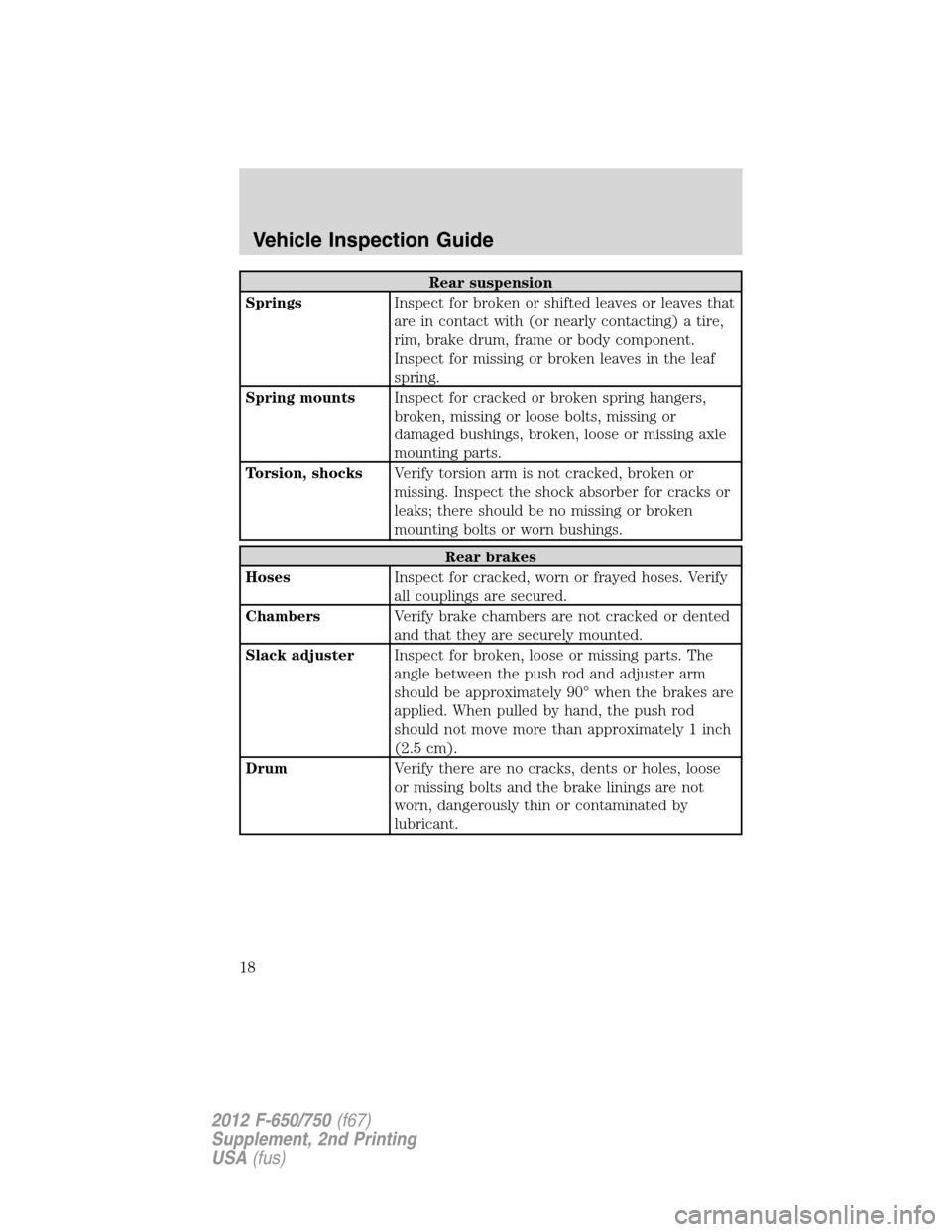 FORD F650 2012 12.G Owners Manual Rear suspension
SpringsInspect for broken or shifted leaves or leaves that
are in contact with (or nearly contacting) a tire,
rim, brake drum, frame or body component.
Inspect for missing or broken le