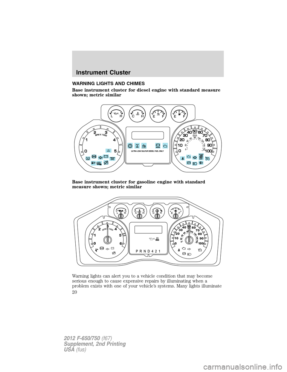 FORD F750 2012 12.G User Guide WARNING LIGHTS AND CHIMES
Base instrument cluster for diesel engine with standard measure
shown; metric similar
Base instrument cluster for gasoline engine with standard
measure shown; metric similar
FORD F750 2012 12.G User Guide WARNING LIGHTS AND CHIMES
Base instrument cluster for diesel engine with standard measure
shown; metric similar
Base instrument cluster for gasoline engine with standard
measure shown; metric similar