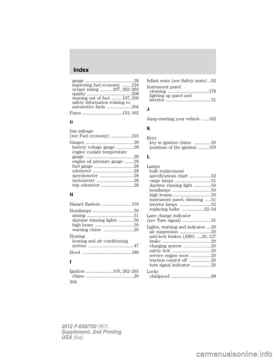 FORD F650 2012 12.G Owners Manual gauge .........................................28
improving fuel economy ........216
octane rating ...........207, 262–263
quality ......................................208
running out of fuel .....