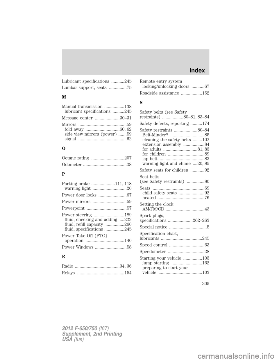 FORD F650 2012 12.G Service Manual Lubricant specifications ...........245
Lumbar support, seats ...............75
M
Manual transmission .................138
lubricant specifications ..........245
Message center .....................30