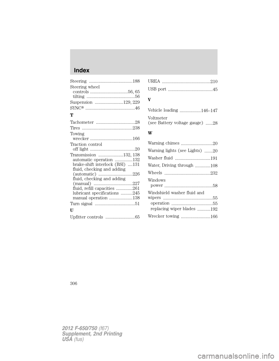 FORD F650 2012 12.G Service Manual Steering .....................................188
Steering wheel
controls ................................56, 65
tilting .........................................56
Suspension ........................