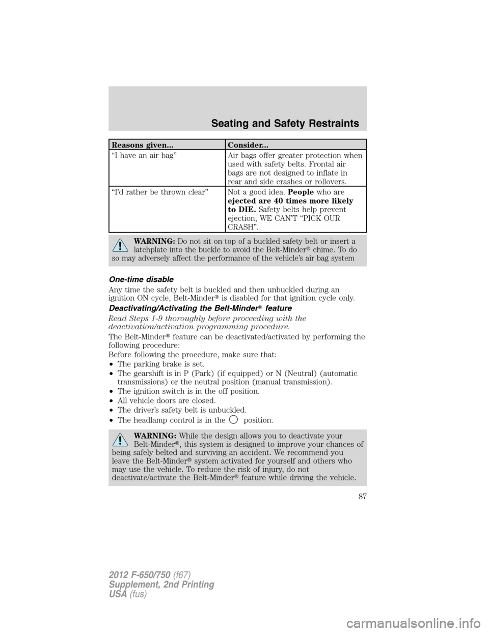 FORD F650 2012 12.G Owners Manual Reasons given... Consider...
“I have an air bag” Air bags offer greater protection when
used with safety belts. Frontal air
bags are not designed to inflate in
rear and side crashes or rollovers.
