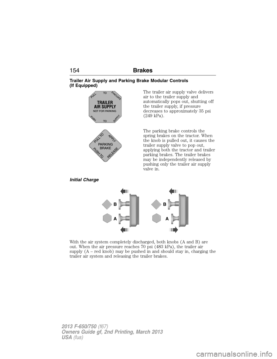 FORD F650 2013 12.G Owners Manual Trailer Air Supply and Parking Brake Modular Controls
(If Equipped)
The trailer air supply valve delivers
air to the trailer supply and
automatically pops out, shutting off
the trailer supply, if pres FORD F650 2013 12.G Owners Manual Trailer Air Supply and Parking Brake Modular Controls
(If Equipped)
The trailer air supply valve delivers
air to the trailer supply and
automatically pops out, shutting off
the trailer supply, if pres
