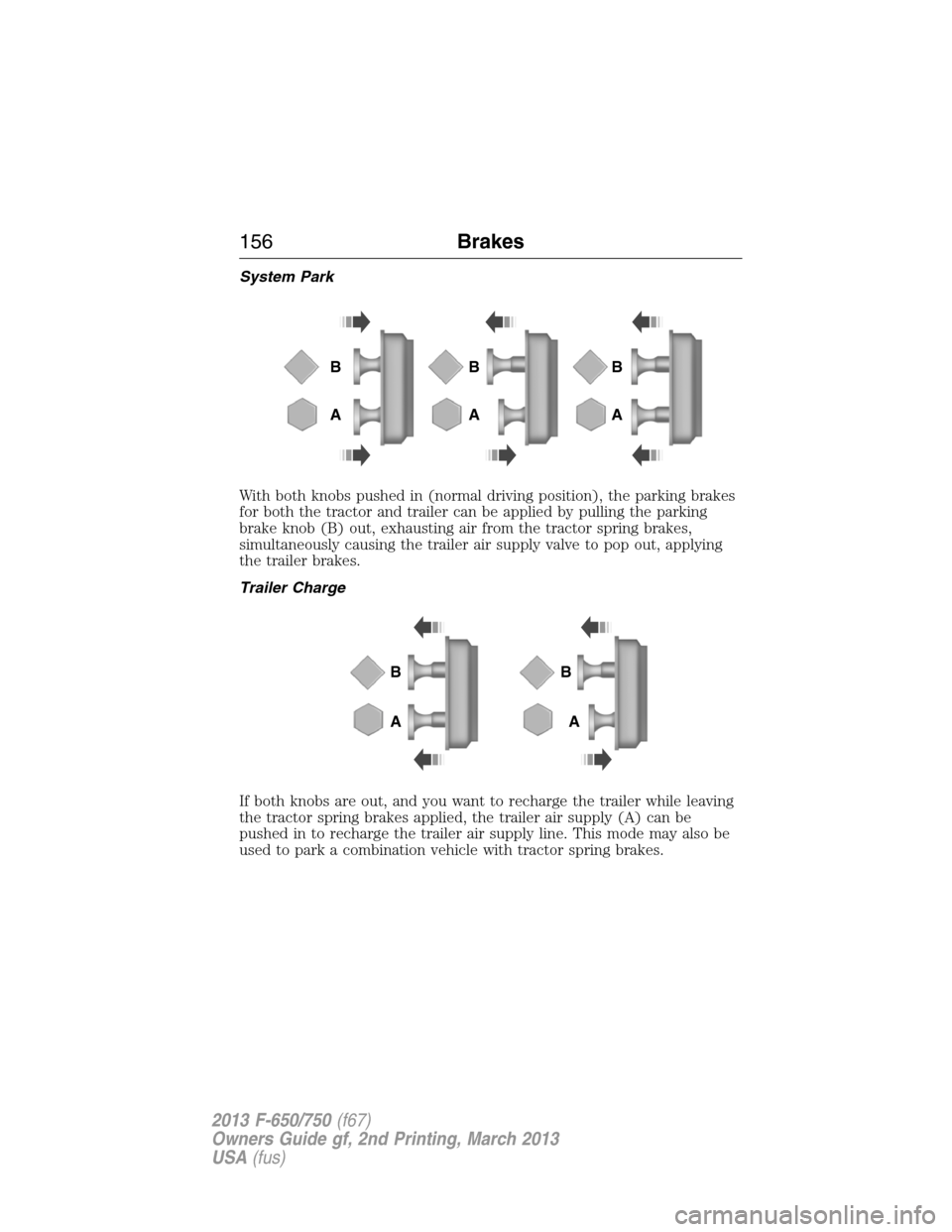 FORD F650 2013 12.G Owners Manual System Park
With both knobs pushed in (normal driving position), the parking brakes
for both the tractor and trailer can be applied by pulling the parking
brake knob (B) out, exhausting air from the t FORD F650 2013 12.G Owners Manual System Park
With both knobs pushed in (normal driving position), the parking brakes
for both the tractor and trailer can be applied by pulling the parking
brake knob (B) out, exhausting air from the t