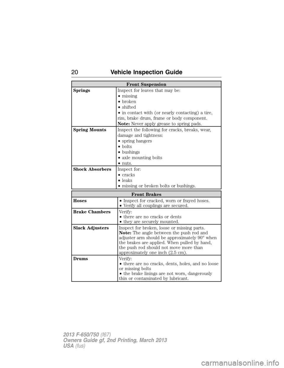 FORD F650 2013 12.G Owners Manual Front Suspension
SpringsInspect for leaves that may be:
•missing
•broken
•shifted
•in contact with (or nearly contacting) a tire,
rim, brake drum, frame or body component.
Note:Never apply gre FORD F650 2013 12.G Owners Manual Front Suspension
SpringsInspect for leaves that may be:
•missing
•broken
•shifted
•in contact with (or nearly contacting) a tire,
rim, brake drum, frame or body component.
Note:Never apply gre