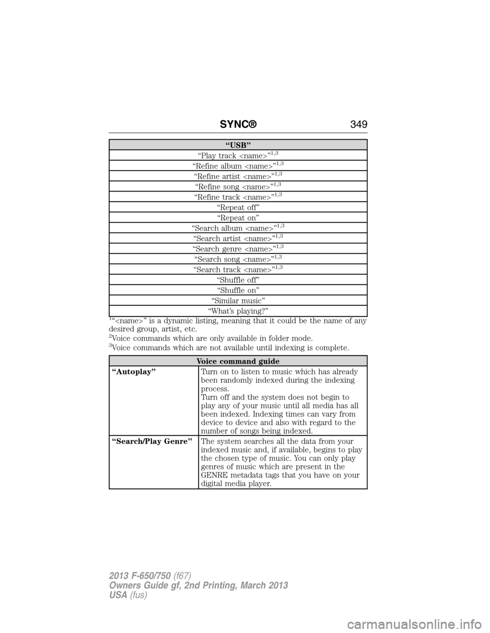 FORD F650 2013 12.G Owners Manual “USB”
“Play track <name>”1,3
“Refine album <name>”1,3
“Refine artist <name>”1,3
“Refine song <name>”1,3
“Refine track <name>”1,3
“Repeat off”
“Repeat on”
“Search albu