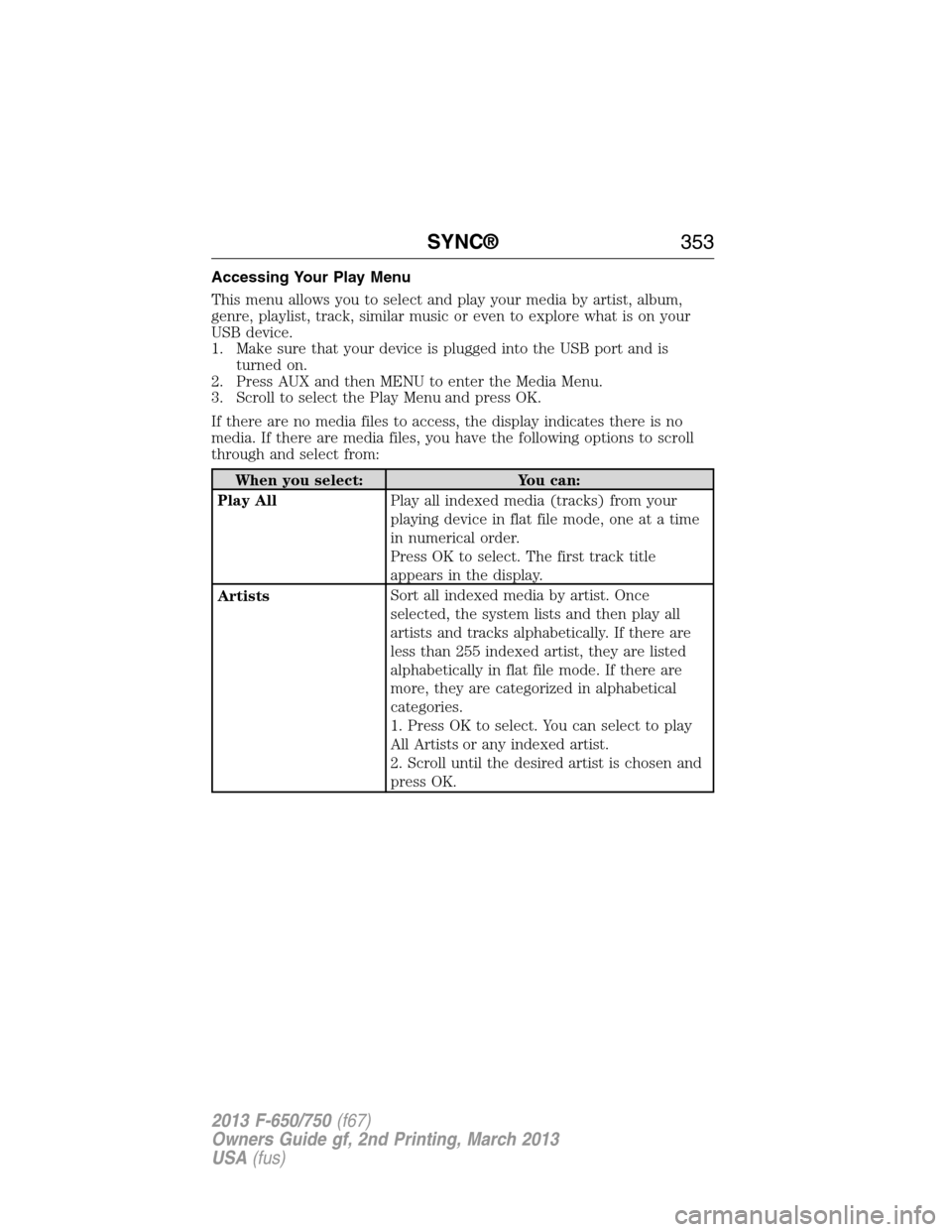 FORD F650 2013 12.G Owners Manual Accessing Your Play Menu
This menu allows you to select and play your media by artist, album,
genre, playlist, track, similar music or even to explore what is on your
USB device.
1. Make sure that you