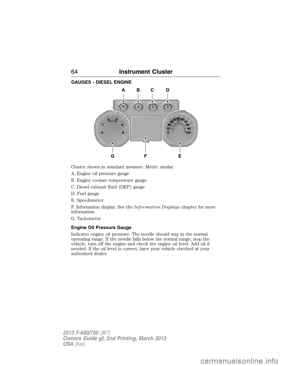 FORD F750 2013 12.G Owners Manual GAUGES - DIESEL ENGINE
Cluster shown in standard measure. Metric similar.
A. Engine oil pressure gauge
B. Engine coolant temperature gauge
C. Diesel exhaust fluid (DEF) gauge
D. Fuel gauge
E. Speedome