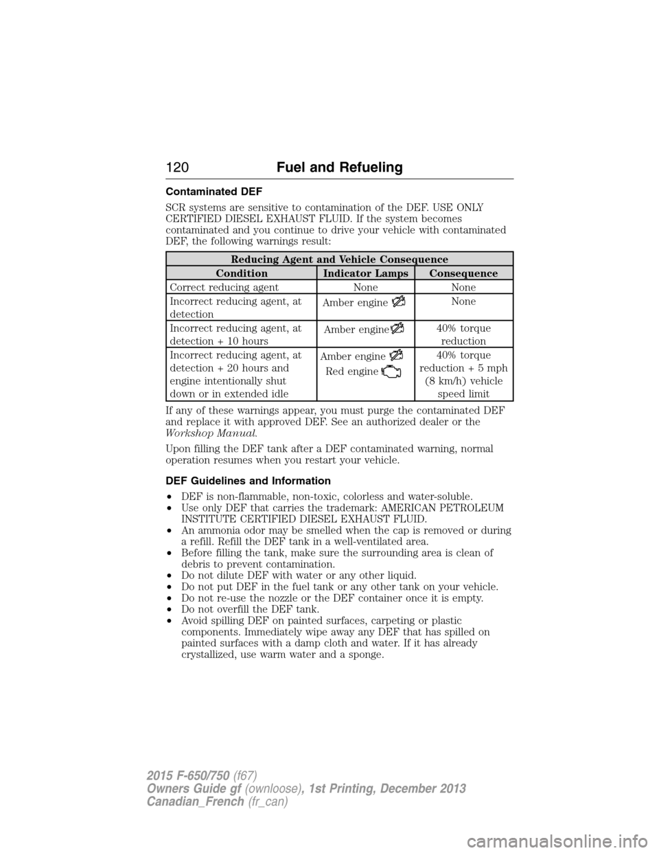 FORD F750 2015 13.G Owners Manual Contaminated DEF
SCR systems are sensitive to contamination of the DEF. USE ONLY
CERTIFIED DIESEL EXHAUST FLUID. If the system becomes
contaminated and you continue to drive your vehicle with contamin