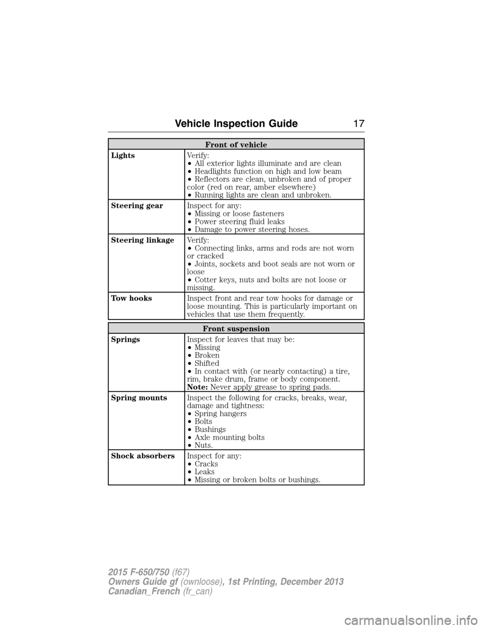 FORD F750 2015 13.G Owners Manual Front of vehicle
LightsVerify:
•All exterior lights illuminate and are clean
•Headlights function on high and low beam
•Reflectors are clean, unbroken and of proper
color (red on rear, amber els