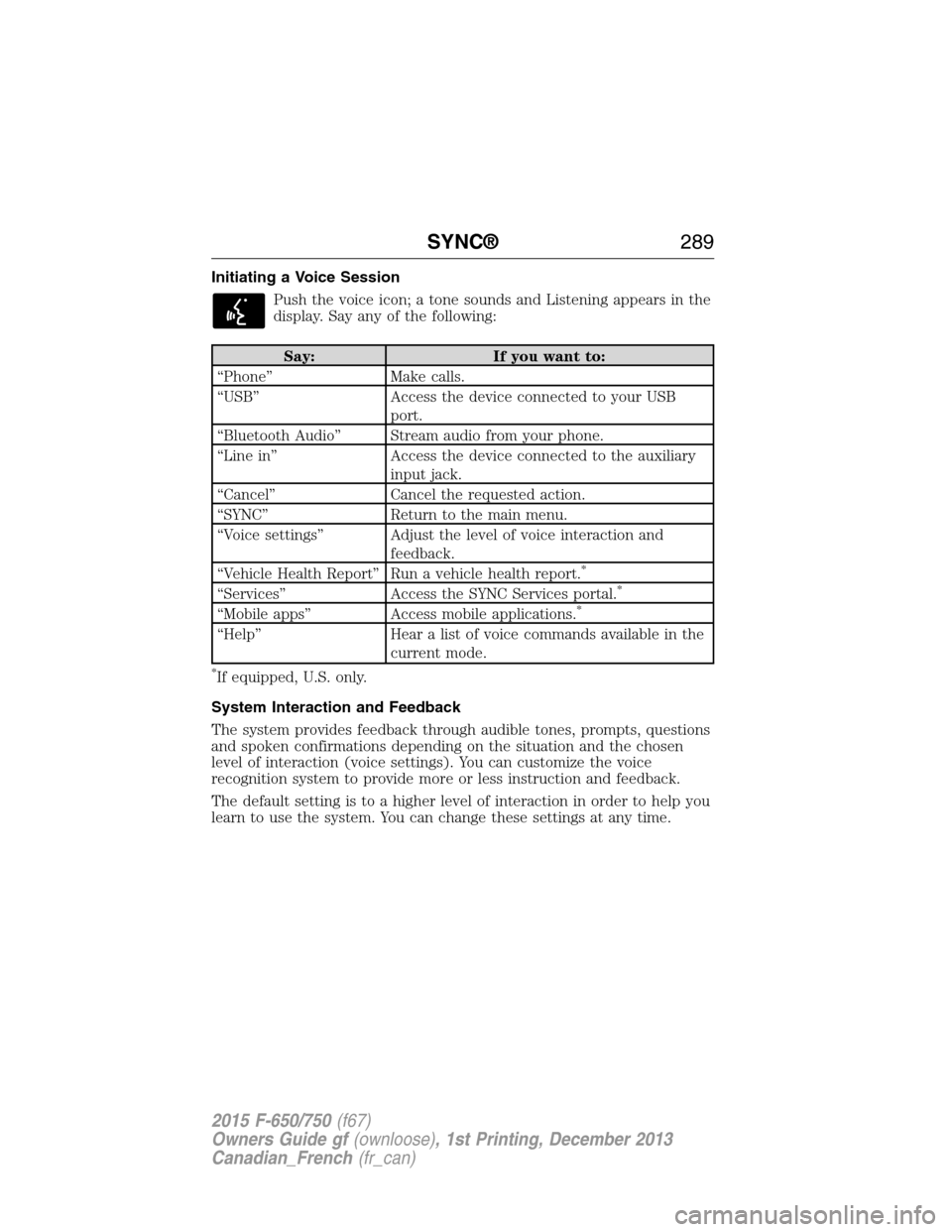 FORD F750 2015 13.G Owners Manual Initiating a Voice Session
Push the voice icon; a tone sounds and Listening appears in the
display. Say any of the following:
Say: If you want to:
“Phone” Make calls.
“USB” Access the device c FORD F750 2015 13.G Owners Manual Initiating a Voice Session
Push the voice icon; a tone sounds and Listening appears in the
display. Say any of the following:
Say: If you want to:
“Phone” Make calls.
“USB” Access the device c