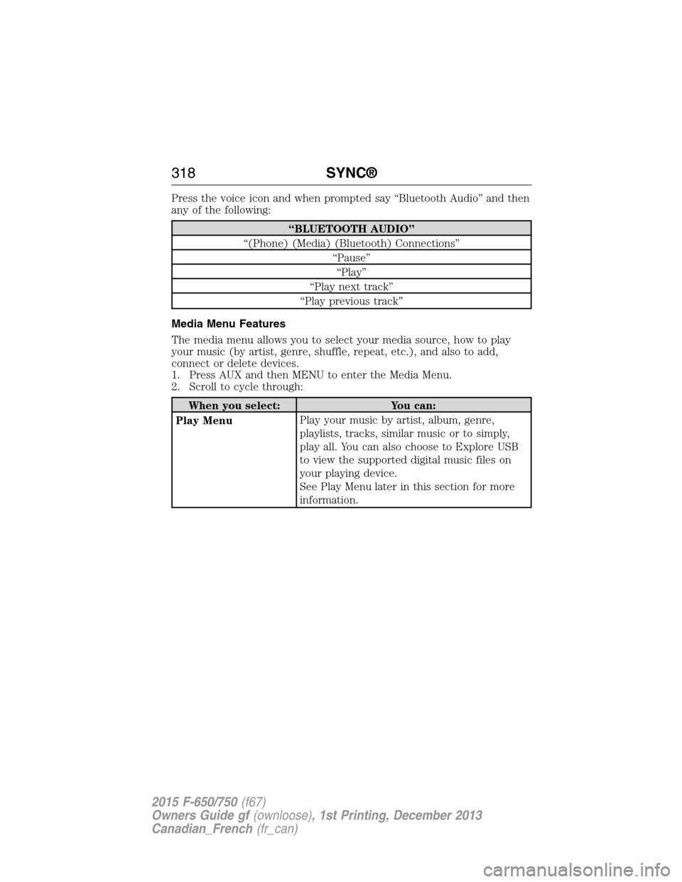 FORD F650 2015 13.G Owners Manual Press the voice icon and when prompted say “Bluetooth Audio” and then
any of the following:
“BLUETOOTH AUDIO”
“(Phone) (Media) (Bluetooth) Connections”
“Pause”
“Play”
“Play next 