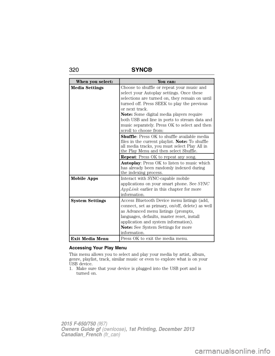 FORD F750 2015 13.G Owners Manual When you select: You can:
Media SettingsChoose to shuffle or repeat your music and
select your Autoplay settings. Once these
selections are turned on, they remain on until
turned off. Press SEEK to pl FORD F750 2015 13.G Owners Manual When you select: You can:
Media SettingsChoose to shuffle or repeat your music and
select your Autoplay settings. Once these
selections are turned on, they remain on until
turned off. Press SEEK to pl