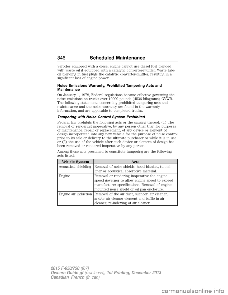 FORD F750 2015 13.G Owners Manual Vehicles equipped with a diesel engine cannot use diesel fuel blended
with waste oil if equipped with a catalytic converter-muffler. Waste lube
oil blending in fuel plugs the catalytic converter-muffl FORD F750 2015 13.G Owners Manual Vehicles equipped with a diesel engine cannot use diesel fuel blended
with waste oil if equipped with a catalytic converter-muffler. Waste lube
oil blending in fuel plugs the catalytic converter-muffl