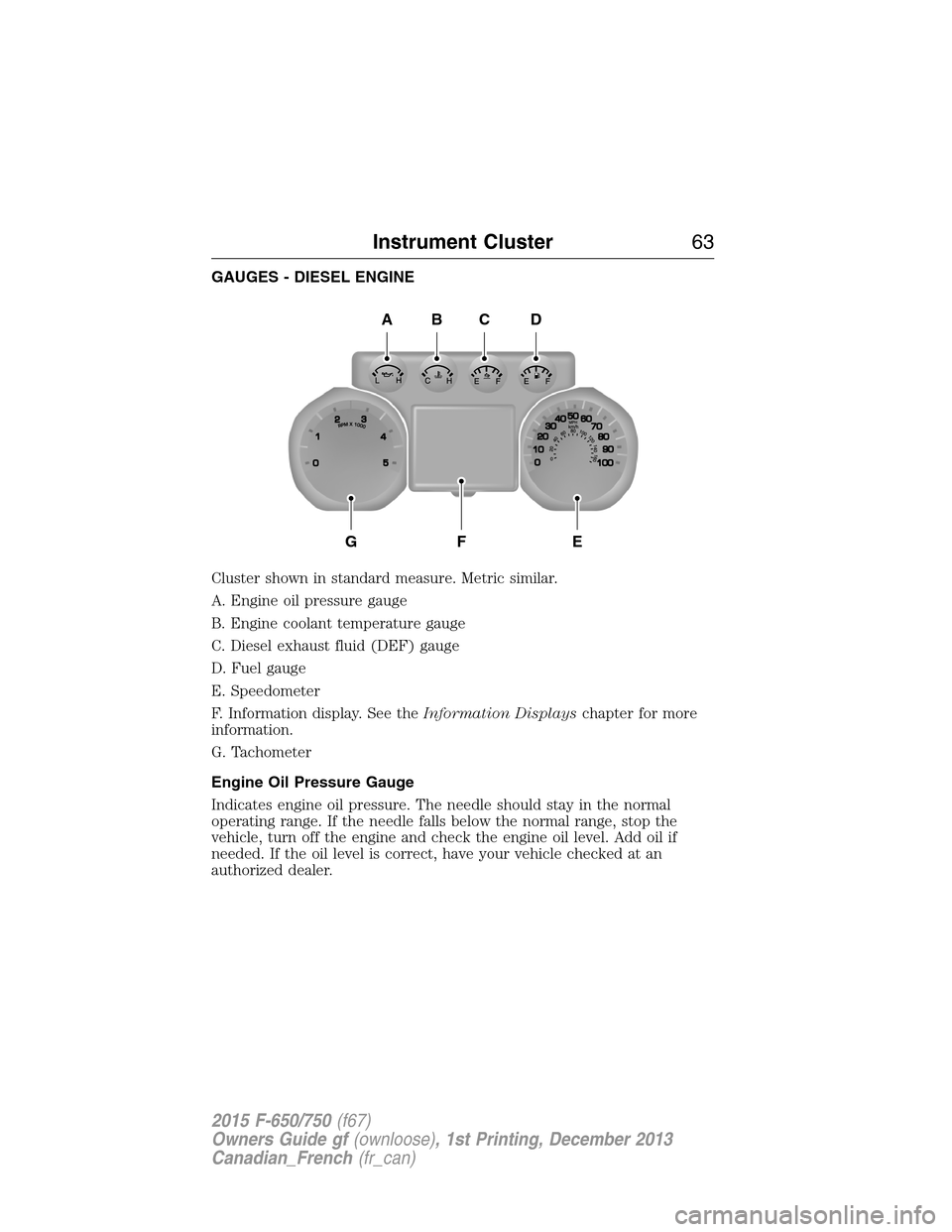 FORD F750 2015 13.G Owners Manual GAUGES - DIESEL ENGINE
Cluster shown in standard measure. Metric similar.
A. Engine oil pressure gauge
B. Engine coolant temperature gauge
C. Diesel exhaust fluid (DEF) gauge
D. Fuel gauge
E. Speedome FORD F750 2015 13.G Owners Manual GAUGES - DIESEL ENGINE
Cluster shown in standard measure. Metric similar.
A. Engine oil pressure gauge
B. Engine coolant temperature gauge
C. Diesel exhaust fluid (DEF) gauge
D. Fuel gauge
E. Speedome