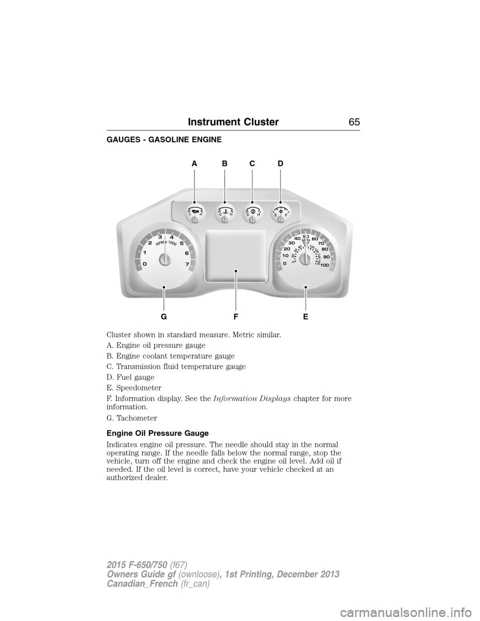 FORD F750 2015 13.G Owners Manual GAUGES - GASOLINE ENGINE
Cluster shown in standard measure. Metric similar.
A. Engine oil pressure gauge
B. Engine coolant temperature gauge
C. Transmission fluid temperature gauge
D. Fuel gauge
E. Sp