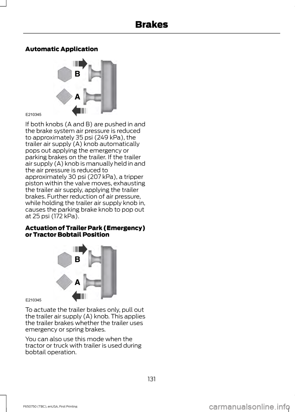 FORD F650 2016 13.G Owners Manual Automatic Application
If both knobs (A and B) are pushed in and
the brake system air pressure is reduced
to approximately 35 psi (249 kPa), the
trailer air supply (A) knob automatically
pops out apply FORD F650 2016 13.G Owners Manual Automatic Application
If both knobs (A and B) are pushed in and
the brake system air pressure is reduced
to approximately 35 psi (249 kPa), the
trailer air supply (A) knob automatically
pops out apply