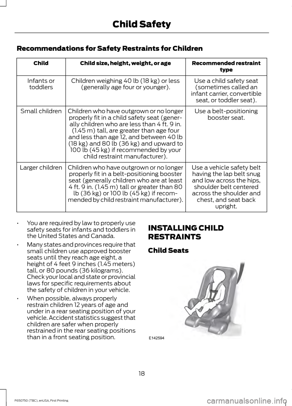 FORD F650 2016 13.G Owners Manual Recommendations for Safety Restraints for Children
Recommended restraint
type
Child size, height, weight, or age
Child
Use a child safety seat(sometimes called an
infant carrier, convertible seat, or 