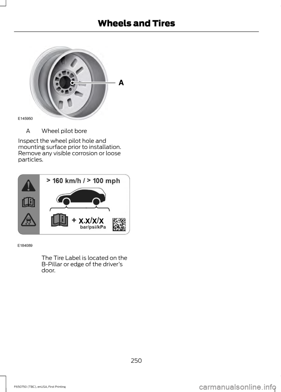 FORD F750 2016 13.G Owners Manual Wheel pilot bore
A
Inspect the wheel pilot hole and
mounting surface prior to installation.
Remove any visible corrosion or loose
particles. The Tire Label is located on the
B-Pillar or edge of the dr
