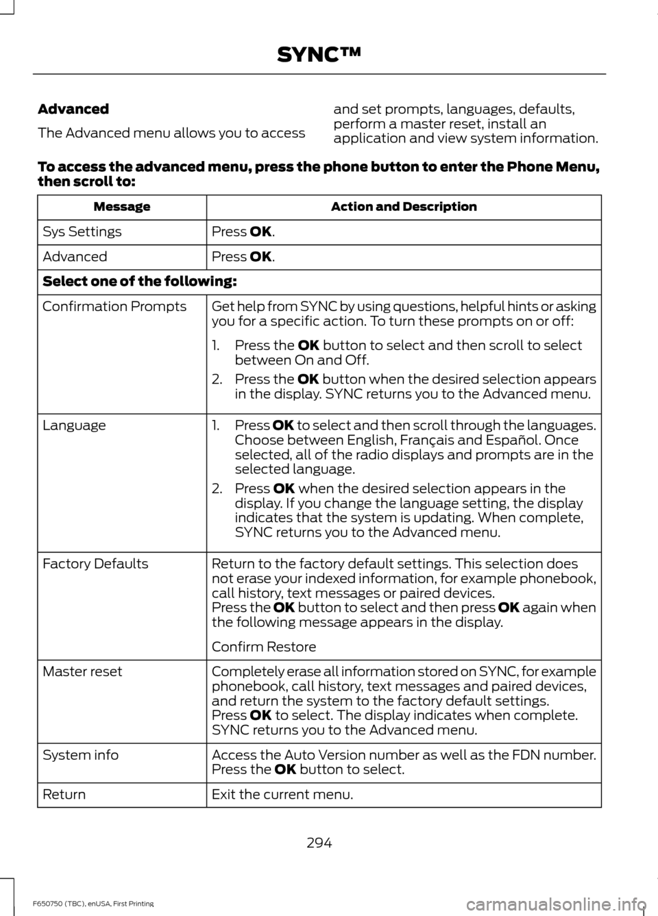 FORD F650 2016 13.G Owners Manual Advanced
The Advanced menu allows you to access
and set prompts, languages, defaults,
perform a master reset, install an
application and view system information.
To access the advanced menu, press the