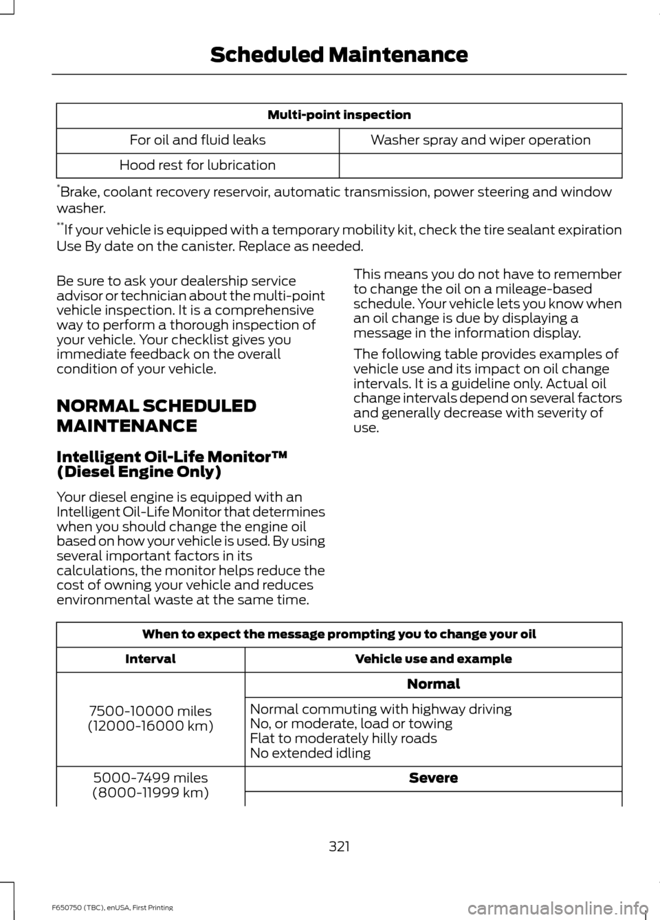 FORD F750 2016 13.G Owners Manual Multi-point inspection
Washer spray and wiper operation
For oil and fluid leaks
Hood rest for lubrication
* Brake, coolant recovery reservoir, automatic transmission, power steering and window
washer. FORD F750 2016 13.G Owners Manual Multi-point inspection
Washer spray and wiper operation
For oil and fluid leaks
Hood rest for lubrication
* Brake, coolant recovery reservoir, automatic transmission, power steering and window
washer.